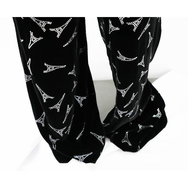 Balenciaga womens Rhinestone Eiffel Tower Velvet Pants