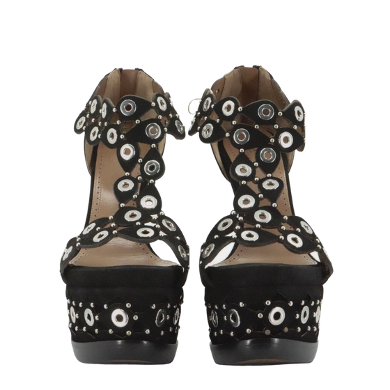 ALAIA Embellished laser-cut suede platform sandals